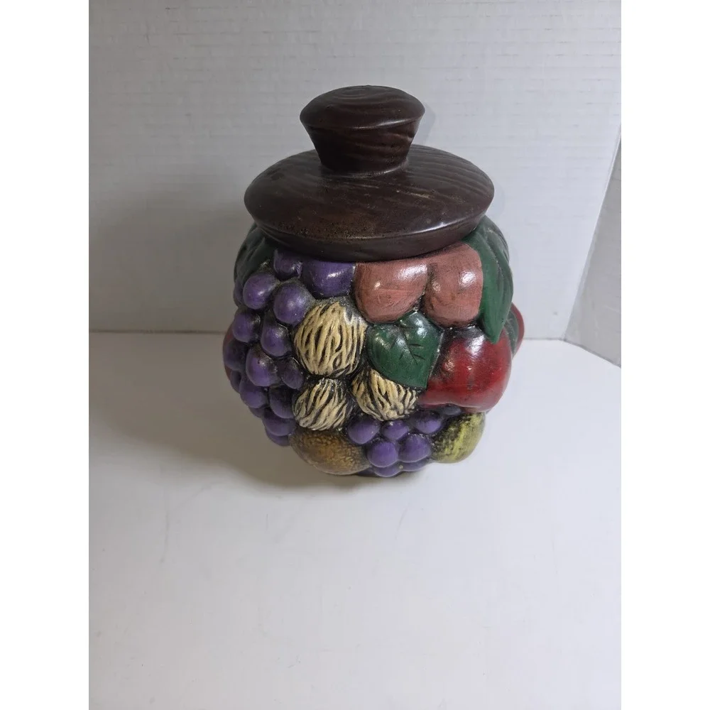 VINTAGE CERAMIC COOKIE JAR FRUIT BUNCH NUT HAND PAINTED